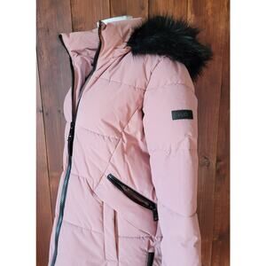 DKNY Women Small Mauve Puffer Coat Black Faux Fur Hood Winter Jacket Cozy Warm